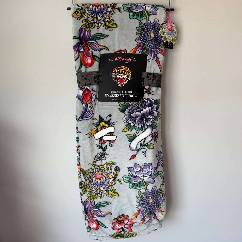 New Ed Hardy Grey Throw Blanket 60x70 Floral Flower Roses Purple Gothic Y2K Red